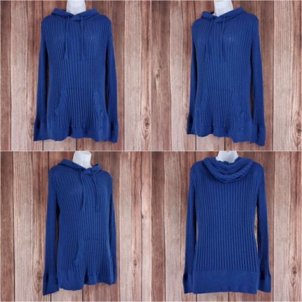 *Flaw Betabrand Seaside Jumper Womens Large Blue Knit Hooded Sweater Thumb Holes